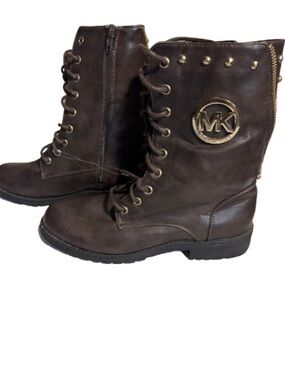 Michael Kors Dark Brown Lace-Up Logo Combat Boots with Studded Details, size 9